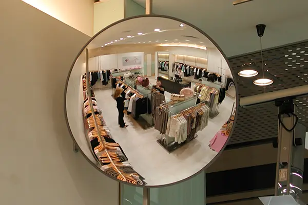 Indoor retail security mirror eliminating shoplifting blind spots around store shelves